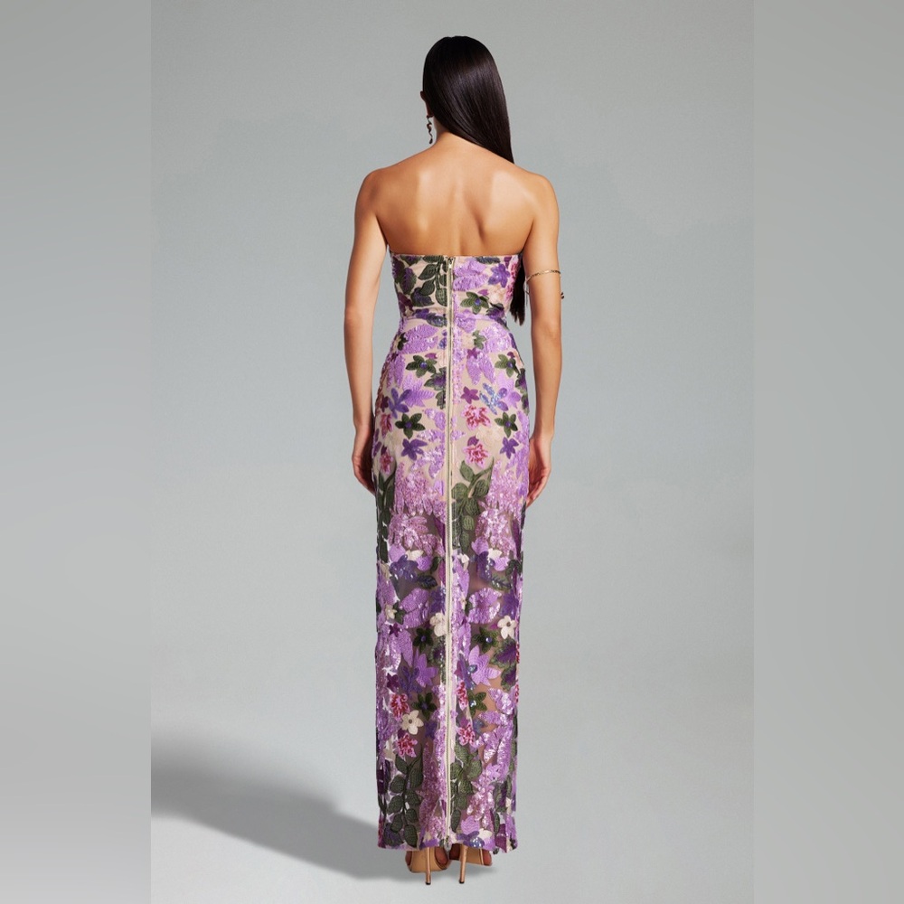 Bella Barnett Floral Sequin Strapless Maxi Dress Purple Embroidered Mesh M - Picture 4 of 13